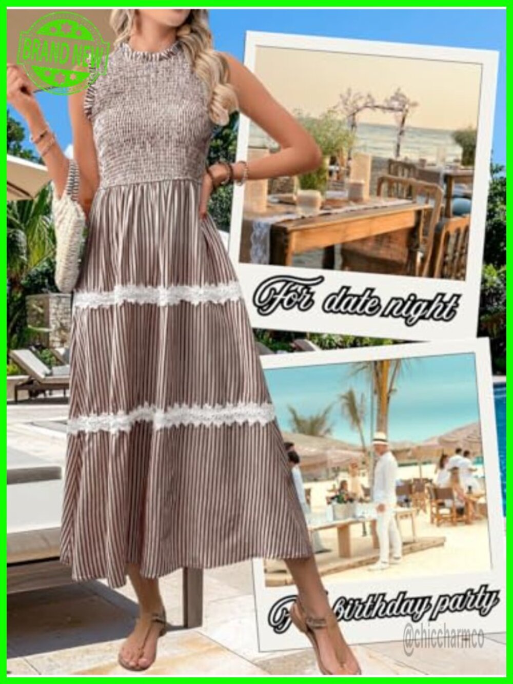 Striped Midi Dress Casual Flowy Smocked Sundress Lace Trim Sleeveless - Picture 4 of 6